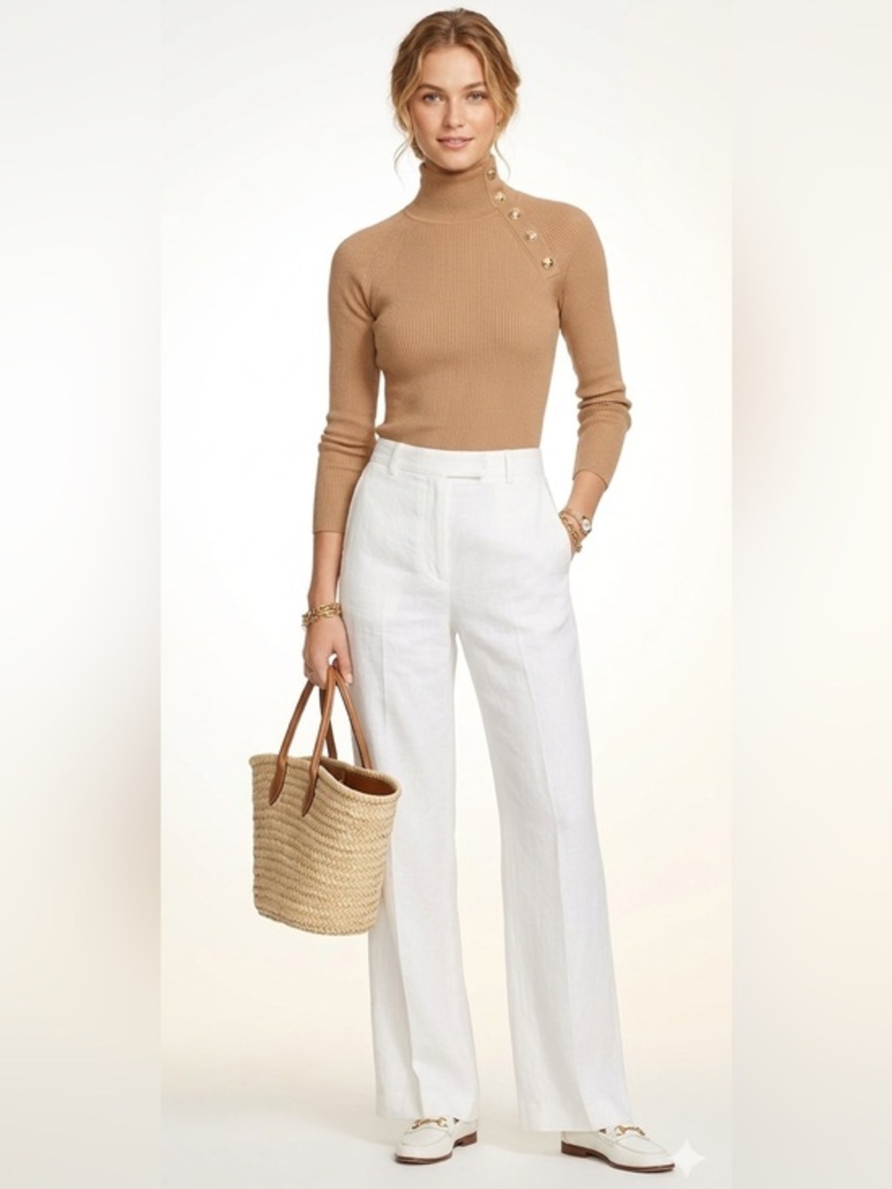 Zara Beige Ribbed Slightly Cropped Gold Hardware Mockneck Sweater Size Small